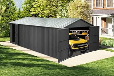 Domi 12x20FT Outdoor Metal Garage Shed, Extra Large Metal Carport with Lockable Double Hinged Doors, Heavy Duty Car Shelter for Car, Truck, Motorcycle and Lawn Equipment, Dark Grey