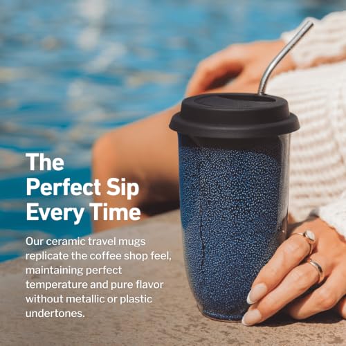 Image of NOVA CERAMICS Travel Mug - Ceramic Travel Mug With Lid - Travel Coffee Mug Unique To Go Coffee Cup - Microwave & Dishwasher Safe Coffee Tumbler - Gifts For Women Men Him Her - 12oz - Abyss