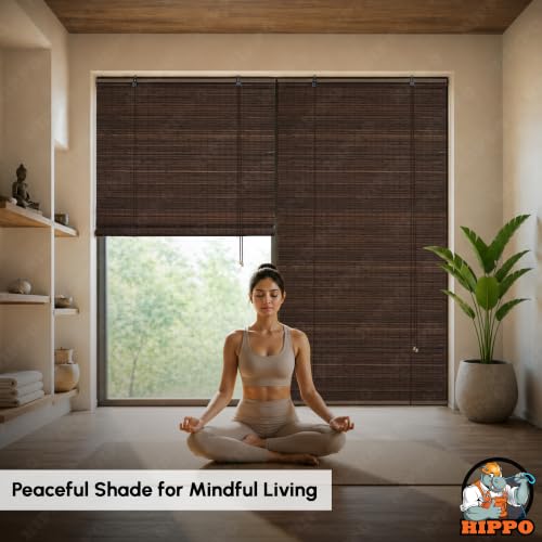 Image of HIPPO Bamboo Curtains - W-4FTXH-5FT Rope Mechanism Roll Up Down Indoor Bamboo Shade for Sun & Dust Protection for Home Window, Balcony, Restaurant, Hotel, Resort (Dark-Coffee)