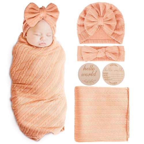 Image of AQOKKA Newborn Receiving Blanket with Bow Hat Headband Wooden Card Set Wheat-Pattern Newborns Toddler Baby Boy Girl Nursery Swaddle Wrap