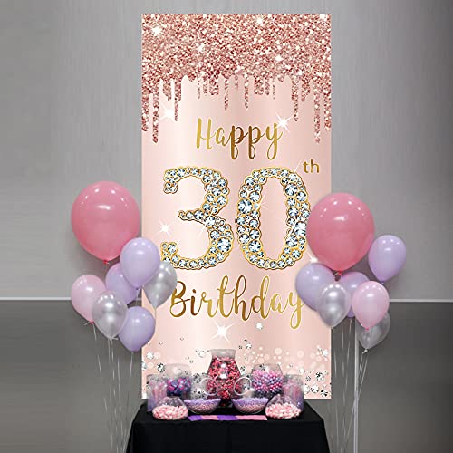 Image of Happy 30th Birthday Door Banner Backdrop Decorations for Her, Pink Rose Gold 30 Birthday Party Door Cover Sign Supplies, Thirty Year Old Birthday Poster Background Decor
