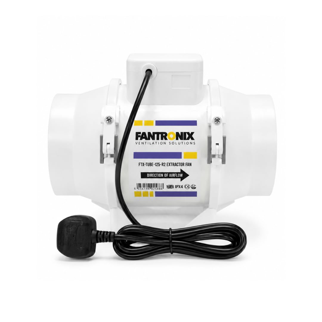 Fantronix White 125 Mm (5”) Inline Extractor Fan With Uk Plug – Powerful Bathroom & Grow Room Ventilation Fan, Energy Class E