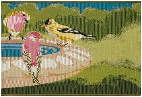Liora Manne Esencia Machine Washable Non-Slip Low Profile Indoor/Outdoor Mat-Transitional, Garden, Bird, Whimsical, Bathing Birdies Green 2' x 2'10"