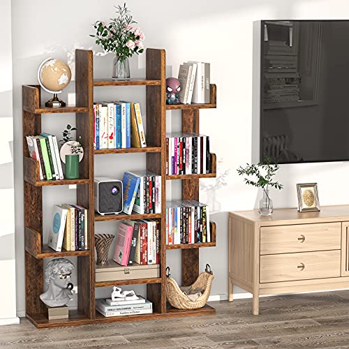 Aheaplus Bookshelf, Tree-Shaped Bookcase Storage Shelf With 13 Compartments, Books Organizer Display Cube Shelves, Industrial Free Floor Standing Wood Open Bookshelves For Home #TOP4