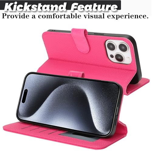 Coque iPhone 15 Pro en cuir véritable rouge rosé, étui flip luxe anti-RFID - 7