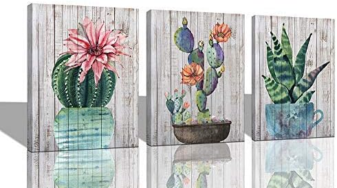 Amazon Arjun サボテン ウォールアート キャンバス サボテンの絵 緑の植物の絵画 ピンクの花 ボタニカル トロピカル 多肉植物 アートワーク フレーム 寝室 バスルーム リビングルーム キッチン ホーム オフィス 装飾 12インチx16インチx3パネル フック オンライン通販