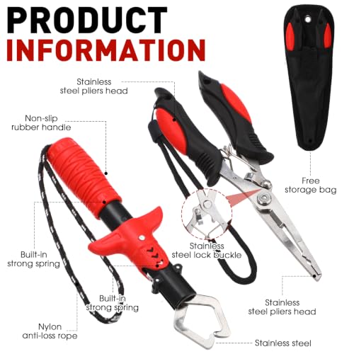 Image of RoundFunny 10 Pcs Fishing Tool Kit, Fishing Pliers with Lanyard and Protective Sheaths, Landing Net, Fillet Knife, Fish Scale, Gripper, Hook Remover, Braid Scissors, Gloves for Men Dad Gift