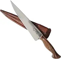 Faca Churrasco Artesanal FACAS FR Aço Carbono Full Tang com Cabo de Madeira Nobre e Bainha de Couro - Corte Preciso e Durabilidade Superior