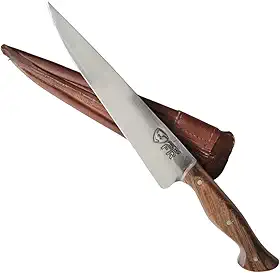 Faca Churrasco Artesanal FACAS FR Aço Carbono Full Tang com Cabo de Madeira Nobre e Bainha de Couro - Corte Preciso e Durabilidade Superior