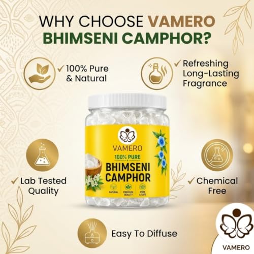 Image of VAMERO Bhimseni Camphor 500g | 100% Pure Pacha Karpooram, Bhimseni Kapoor Original, Pooja, Bheemsen kapoor, Arti, Meditation, Electric Diffuser (Bhimseni Original, 500g)
