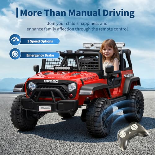Garvee 24V 2-Seater Kids Electric Truck with Parent Remote Control, 100Min Ride-on Car, 4WD Dual Motor, 2 Speeds, Spring Shock Absorber, LED Headlights, Siblings Gift Kids Electric Vehicle, Red by Garvee - Image 9