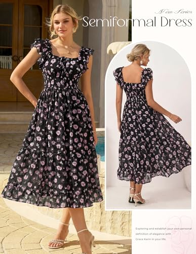 Image of GRACE KARIN 2026 Women's Spring Floral Midi Dress Square Neck Beach Wedding Guest Dresses Flowy A Line Casual Summer Clothes