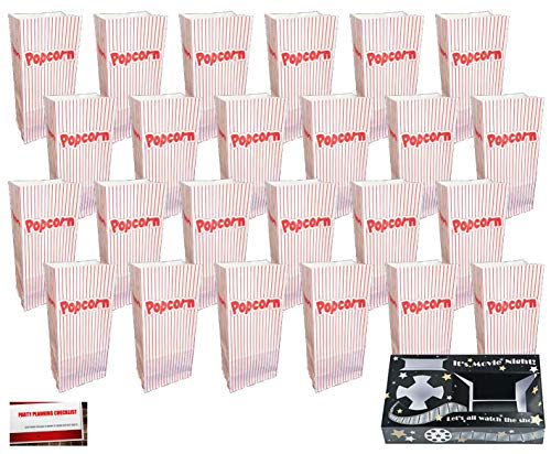 Red and White Striped Paper Popcorn 24 Bags - Bonus 1 Movie Night Snack Tray (Plus Party Planning Checklist by Mikes Super Store)