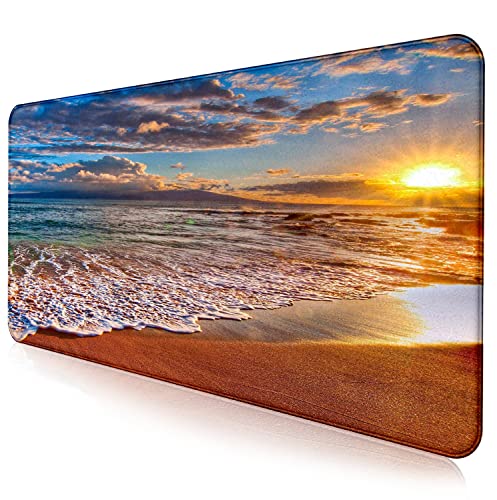 Large Extended Gaming Mouse Pad with Stitched Edges, Non-Slip Waterproof Rubber Base Mouse Pad for Office, Computer, Keyboard, Laptop and Home Desk Pad 35.4 x 15.7 x 0.12 Inch (Beach At Sunset)
