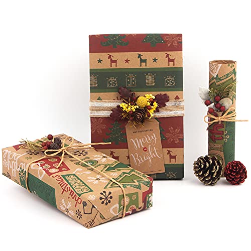 Haipicho 12 Sheets Christmas Wrapping Paper Set - 70x50cm Recycled Kraft Sheets with 10 Tags & 10m Twine - 6 Vintage Designs Eco Friendly Gift Wrap for Men Women Kids (Folded Flat) - Image 3