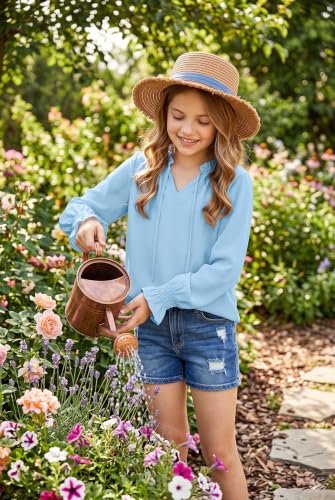 Image of DOKOTOO KIDS Girls Dress Shirt Long Sleeve Blouse Fall Tops Size 7-15 Years | V Neck, None Elastic Breathable Fabric, Ruffle Smocked Sleeve, Solid Pull on, Uniform Formal Western Thanksgiving