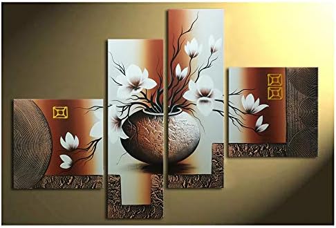 Wieco Art 4-Piece Elegant Flowers Stretched and Framed Hand-Painted Modern Canvas Wall Art