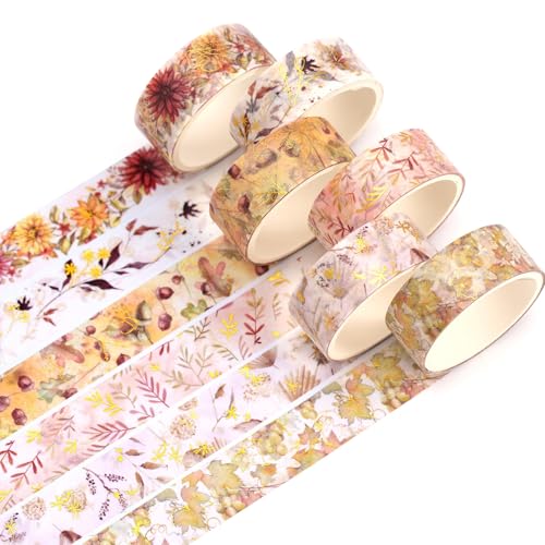 YUBBAEX 6 Rolls Floral Gold Washi Tape Set Silver Foil Maski