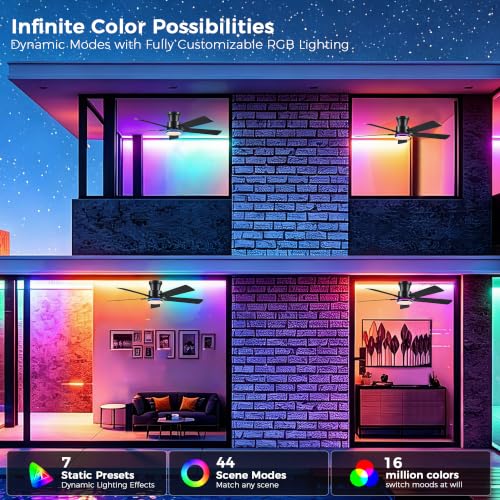 Image of JSAITEE 52in Flush Mount Ceiling Fans with Lights Low Profile, Black RGB | Ceiling Fans with Lights Flush Mount Low Profile, Reversible Motor, 3CCT Dimmable, Noiseless, 6 Speeds, Black Modern
