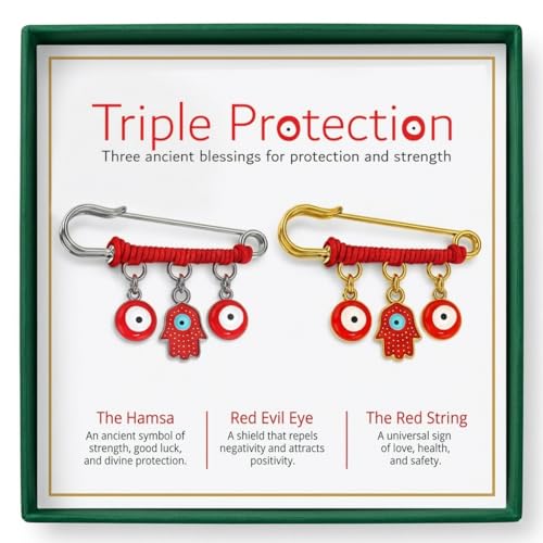 Image of 18K Gold Plated & Silver Tone Red Hamsa Protection Charm Pin - Evil Eye Jewelry for Women, Babies, Infants & Toddlers - Hamsa & Evil Eye Symbol Charm - Red String Lucky Amulet for Good Luck - Fits Stroller & Blanket, 1.5 Inch
