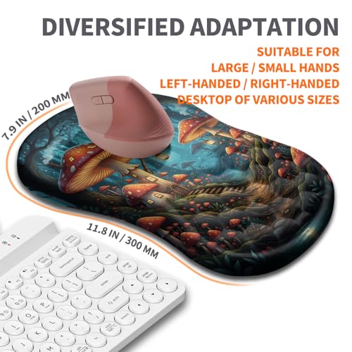 Image of Ergonomic Joint Wrist Support Mouse Pad with Memory Foam Cushion Massage Bump, Carpal Tunnel Pain Relief Mousepad Slope Design for Wrist Rest, 11.8x7.9 in, Mushroom