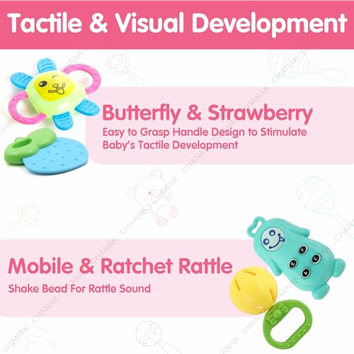 Image of Chanak Silicone;Plastic Baby Kinder Rattle Set for 0-6 Months Old Baby, Non-Toxic, 100% Bpa Free, Infant Grab, Spin & Shake Rattles, Colorful Rattles with 8 Pcs, Bis Approved, Multi,Multicolor
