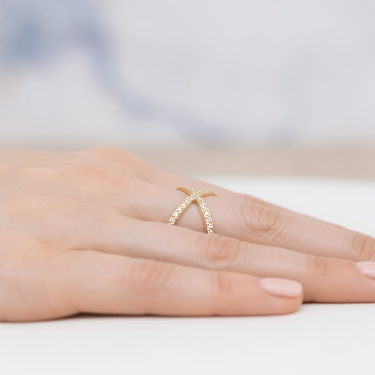 Verlobungsring Damen mit Zirkonia Stein 333 Echtgold 8K X Ring Cross Ring mit Zirkonia Kreuzring Verlobungsring Damen Schmuck Box Geschenk für Frauen