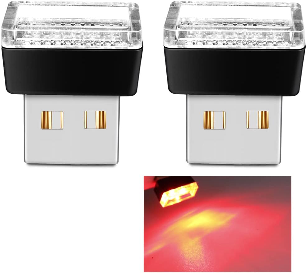 USB Car LED Atmosphere Lights Mini LED Ambient Kit Car Accessories Lighting Universal (Red, 2 PCS)