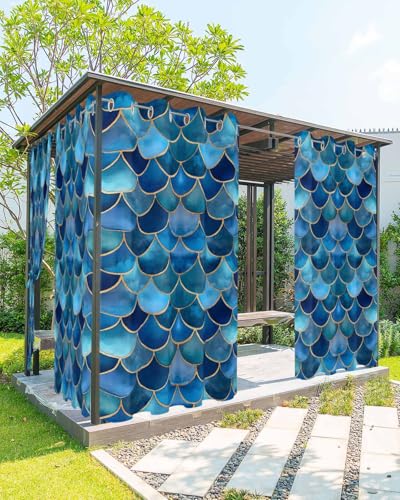 Waterproof Outdoor Curtains for Patio Porch, Summer Ocean Blue Gradient Fish Scales Grommet Curtain Panel Windproof Outside Curtains Tieback, Mermaid Abstract Art Weighted Window Treatment Drapes