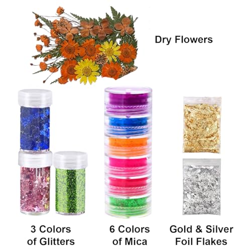 Image of 29pcs DIY Three Coaster Epoxy Resin Art Materials Kit with Dry Flowers for Making 3 Coasters with Silicone Moulds, Glitters, Flakes, Color Pigments & More (2:1 Resin to Hardener, 150gm)