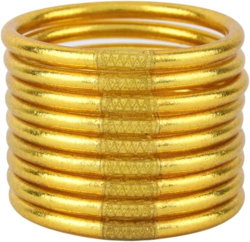 Metallic Gold Silicone Bangle Bracelet Set - 9 Pack Soft Touch Stretch Bracelets for Women - Hypoallergenic Lightweight