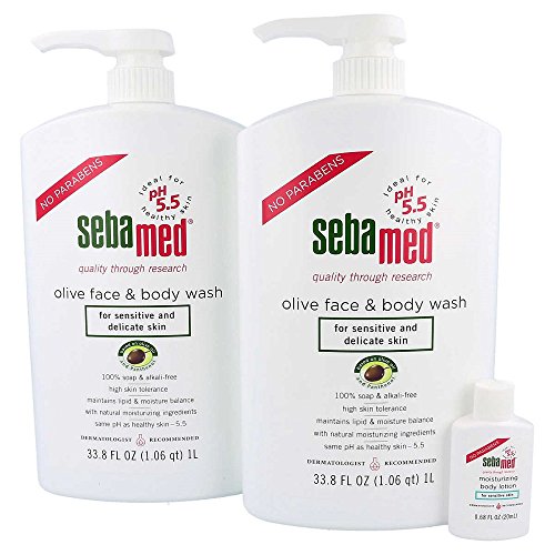 Sebamed Olive Face and Body Wash With Pump for Sensitive and Delicate Skin pH 5.5 Ultra Mild Dermatologist Recommended Cleanser 33.8 Fluid Ounces (1 Liter) 2 Pack + Free 50mL Sample