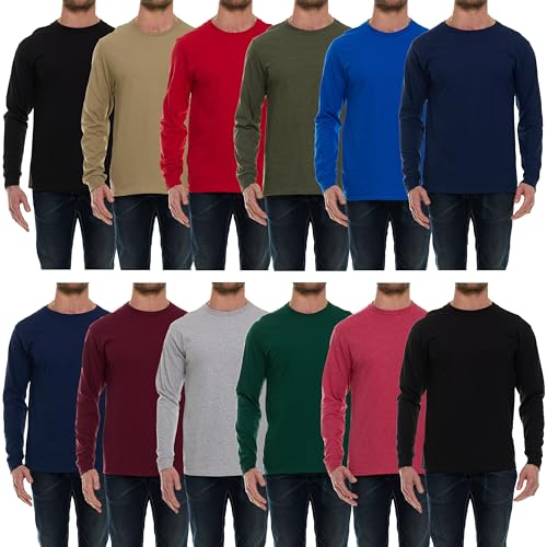 BILLIONHATS Mens Long Sleeve Colorful T-Shirts, 100% Cotton - Crew Neck Bulk Tees for Men, Wholesale Sleeved Tshirt Packs