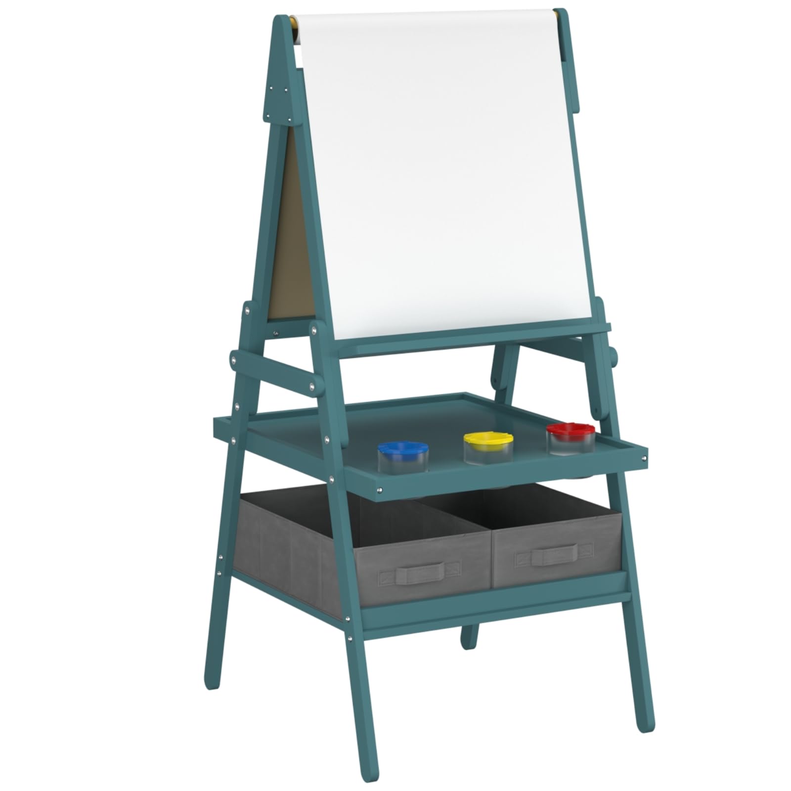 GYMAX Wooden Kids Easel, Double Sided Painting Easel with Whiteboard, Chalkboard, Paper Roll, Storage Trays, 3 Paint Cups & 2 Fabric Drawers, Children Drawing Board Stand for 3-6 Years Old (Green)