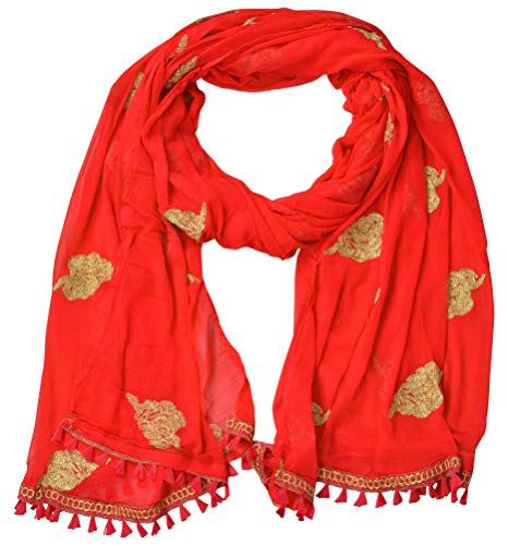 Image of YOUTHQUAKE Golden Patti Embroidered Work Chiffon Dupatta for Womens & Girls with Jaalar Lace