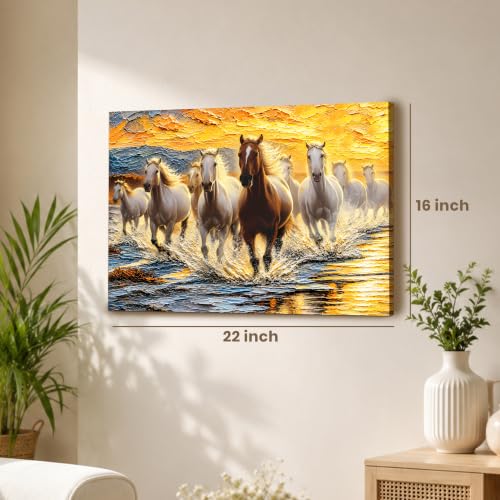 Image of PAINTINGMANTRA 9 Running Horses Vastu Stretched Canvas Painting For Living Room| Strength & Forward Energy Nine Horse Painting for Bed Room, Home & Office, 16x22 Inch