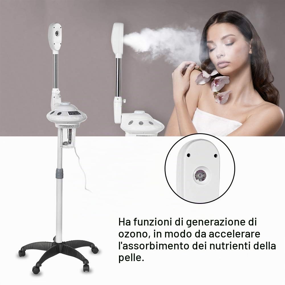GOTOTOP Vaporizzatore Viso Caldo Professionale 220V 750 W con Ozono, Altezza regolabile, con Ruote, Vapore aromatico mobile, per la cura della pelle del viso, per salone di bellezza, SPA