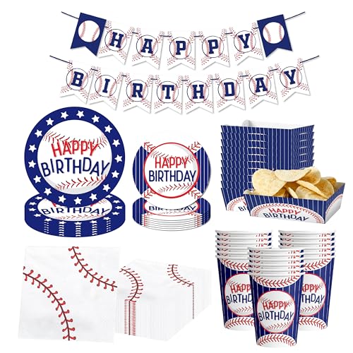 Baseball birthday Decorations - happy birthday banner,Plate, Cup, Napkin,Boats Paper Serving Tray, Baseball Birthday Party Supplies,Serve 24