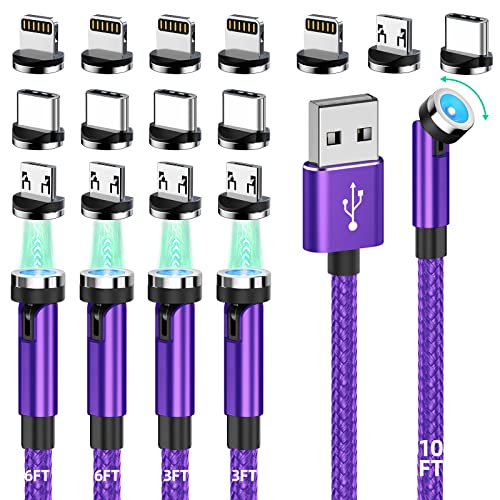 Lot de 5 câbles de charge magnétiques rotatifs à 540 ° - Câble de charge magnétique 3 en 1 en nylon tressé pour iPhone/Micro USB/Type-C - Violet