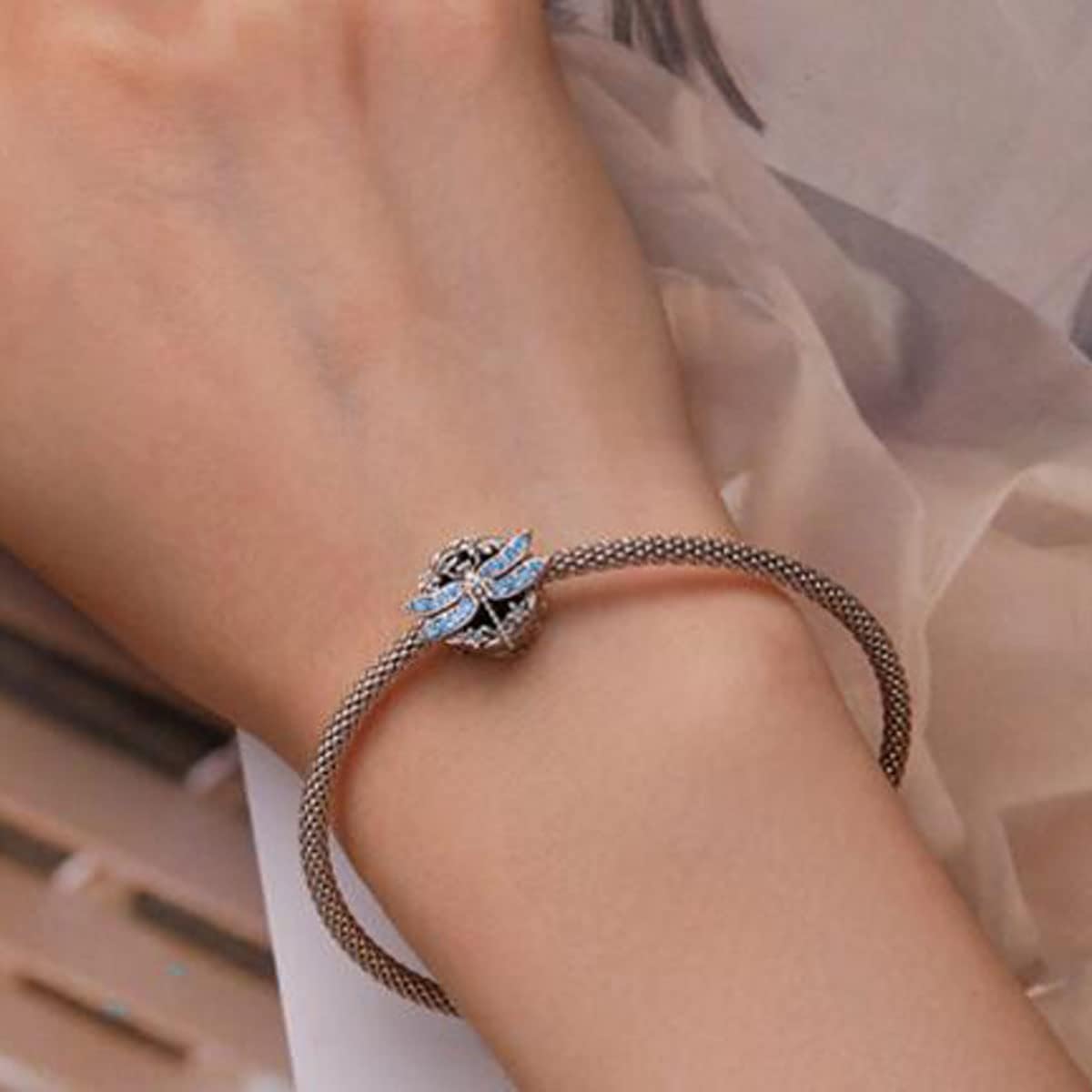 Animal Bead Charm Bracelets for Women Sterling Silver Enamel Parrot Animal Charm and Pink Flamingo Charms for Bracelets(Blue Dragonfly Charm) - Image 3