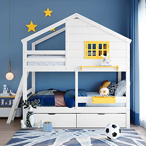 Durab House Bunk Bed, Bunkbeds Twin Over Twin Bunk Beds With Roof Window And 2 Storage Drawers Wood Twin Bunk Beds No Box Spring Required For Girls Boys,White #TOP2