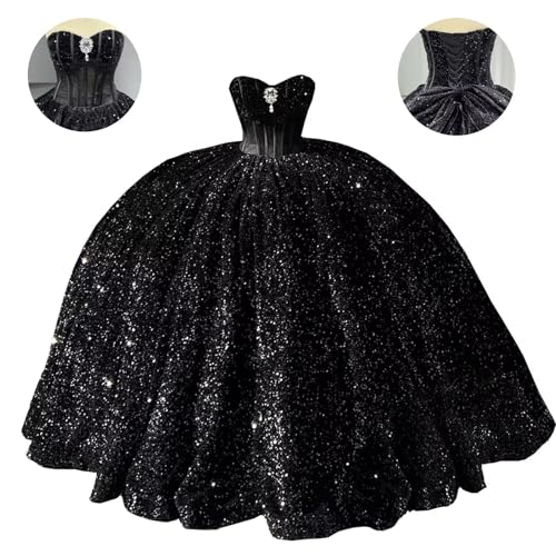 Mouccy Sparkly Sequin Quinceanera Dresses with Train Strapless Sweet 16 Dresses Glitter Beaded Long Ball Gowns with Bow4