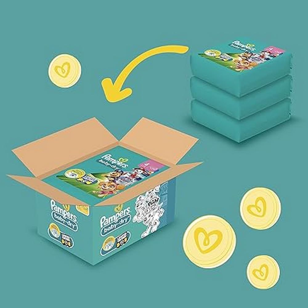 Pampers Psi Patrol (Baby-Dry), pieluchy rozmiar 4 (9 kg-14 kg), edycja limitowana, 222 pieluchy, kompleksowa ochrona przed wyciekiem do 12 godzin