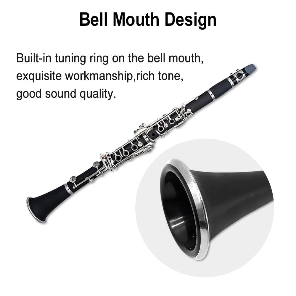 Clarinette en si bémol pour étudiant en bois d'ébonite si bémol 17 touches nickelé pour débutant avec 2 barils avec chiffon de nettoyage gants Noir Orchestre Instrument de musique
