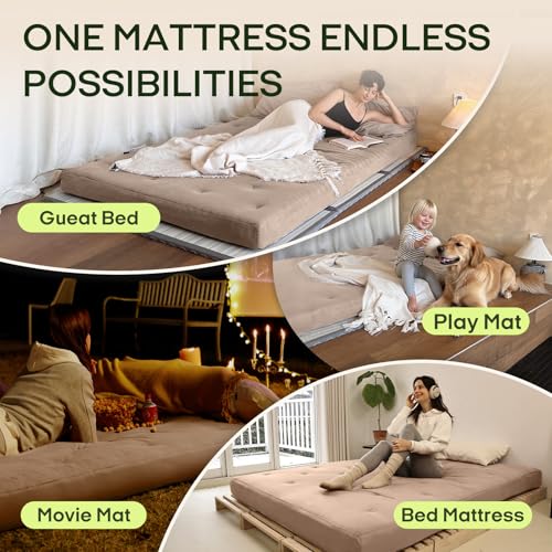 Image of ZonLi Japanese Floor Futon Mattress Queen Size 80 inchx 60 inch,100% Cotton Cover 6'' Thicken Tatami Mattress,Foldable Sleeping Pad,Portable Dormitory Tatami Mat,Roll Up Floor Lounger Bed for Adult (Khaki)
