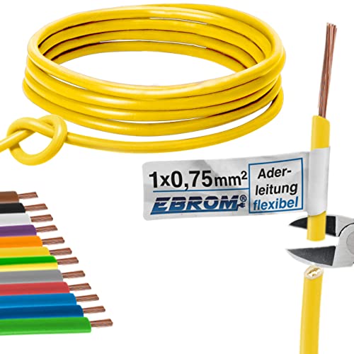 EBROM Aderleitung - Einzelader flexibel - PVC Leitung - Schaltlitze - Litze H05V-K 0,75 mm² (0,75 mm2) - Farbe: gelb - viele Längen wählbar, von 10 Meter bis 100 m - Ihre ausgewählte Länge: 10 m EBROM Aderleitung - Einzelader flexibel - PVC Leitung - Schaltlitze - Litze H05V-K 0,75 mm² (0,75 mm2) - Farbe: gelb - viele Längen wählbar, von 10 Meter bis 100 m - Ihre ausgewählte Länge: 10 m