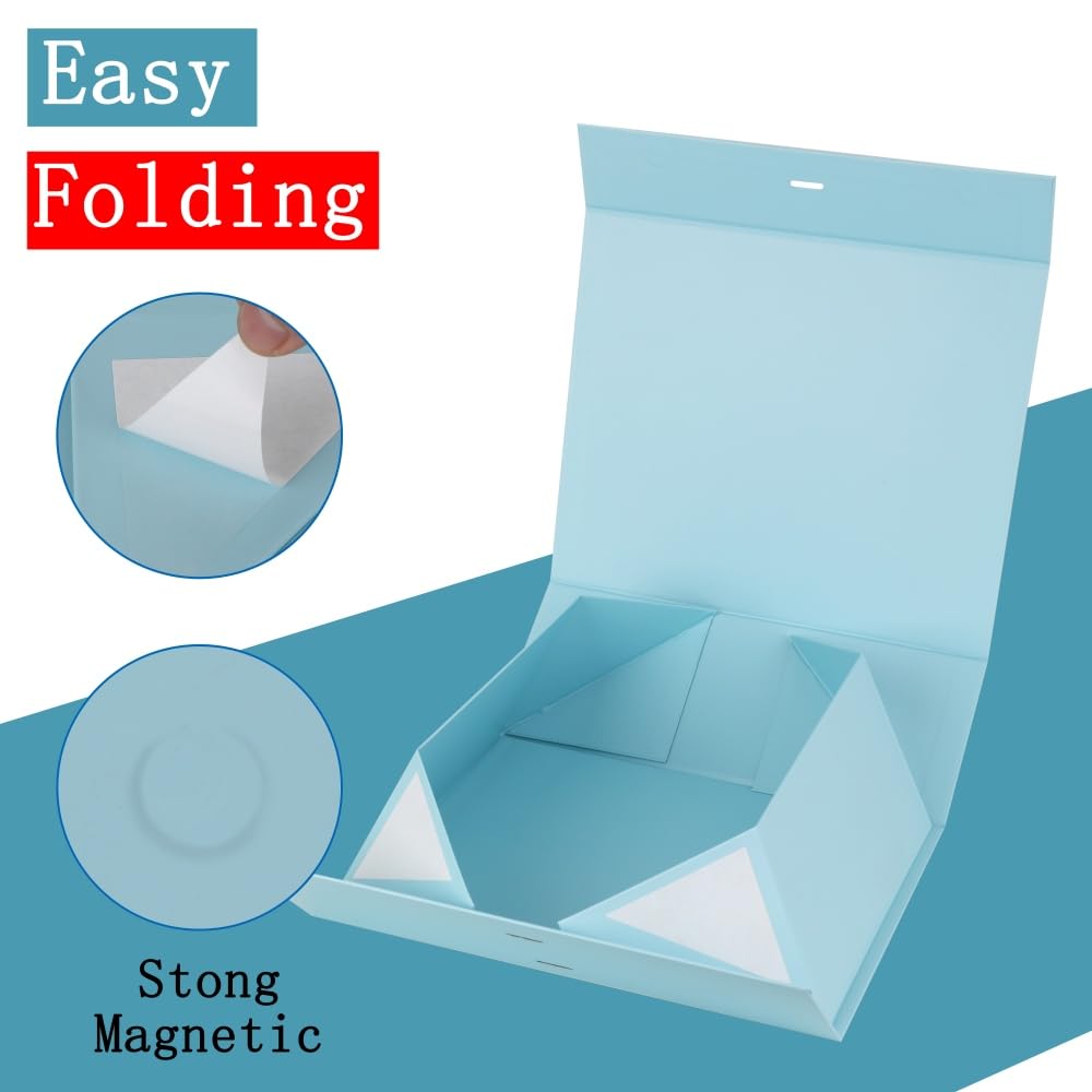 Skivra Blue Gift Box with Ribbon - 1 Pack, 6x6x3 Inch Small Collapsible Luxury Box with Lid, Magnetic Closure, Rectangle, Wedding Gifts, Shredded Paper Filler & Card