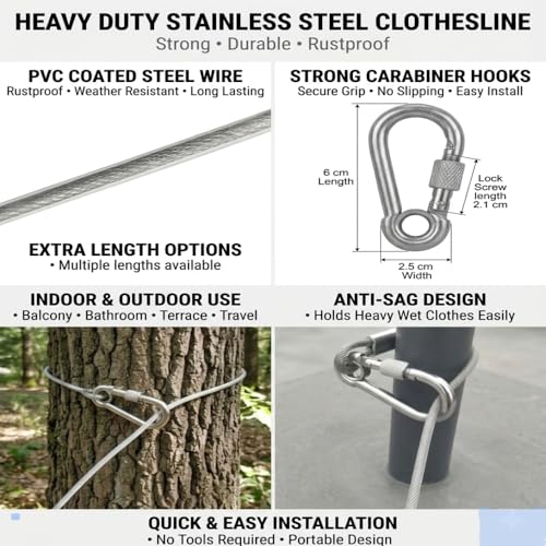 Image of 20 Meters 4mm Heavy Duty PVC Coated Stainless Steel Wire Rope Kit Rust-Proof Steel Cable with 4 UClamps & 2+2 Carabiner Hooks Multipurpose Wire for Balcony Clothesline, Hoisting & DIY