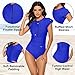 Wolddress Women Modest One Piece Bathing Suit Short Sleeve Tummy Control Swimsuit Zipper Surfing Athletic Rash Guard Blue M
