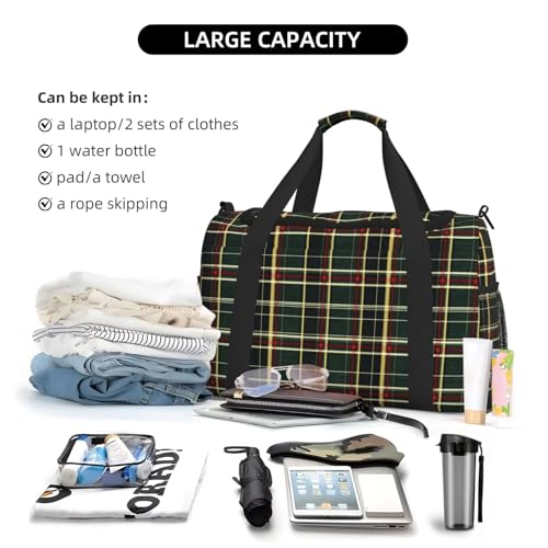 Abstract Green Plaid Print Duffle Bag for Travel, Carry On Weekender Overnight Duffel Bags, Gym Bags for Women Men, Personal Item Travel Bag4